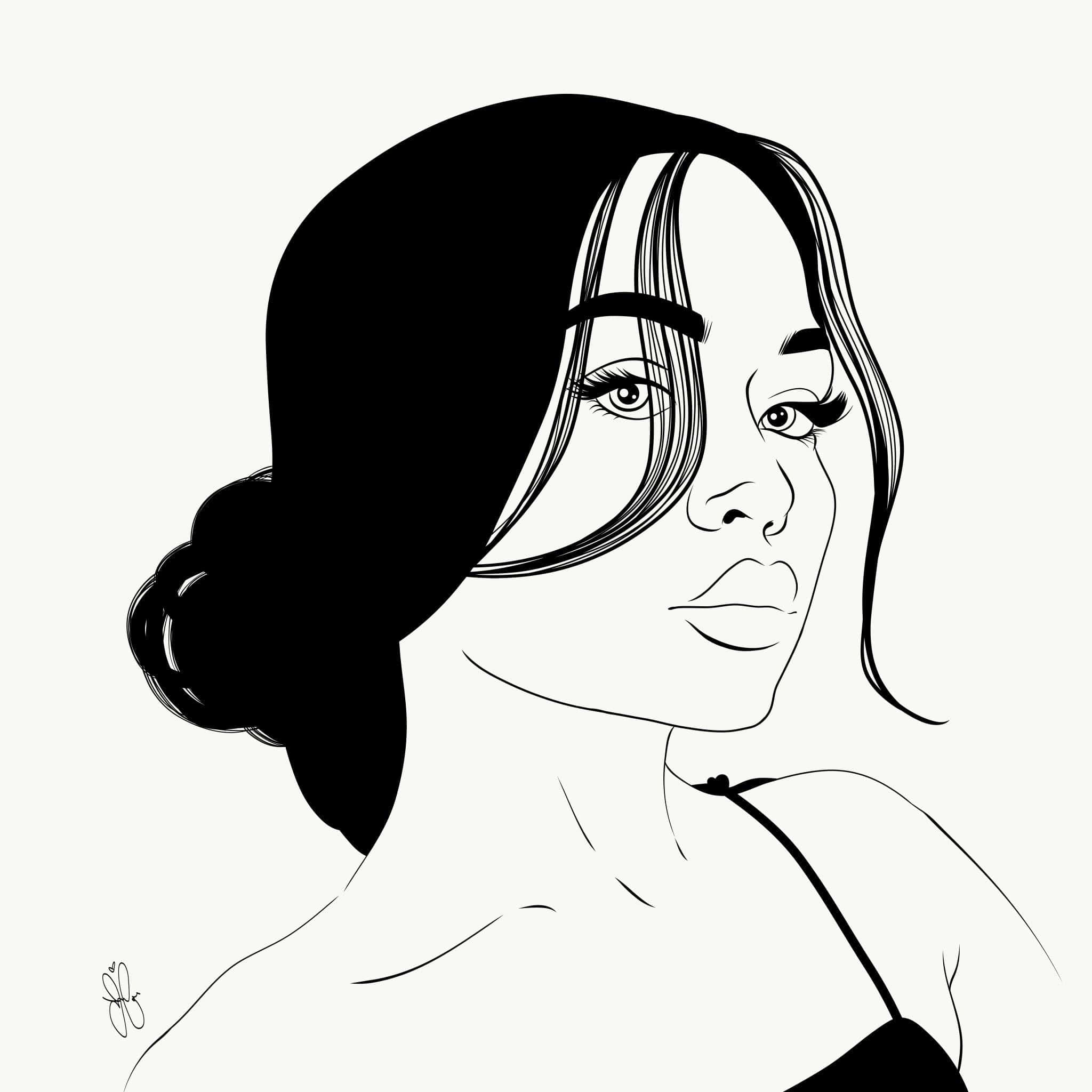 Black And White Drawings 桌布 壁紙 — 一幅引人注目的黑白線條藝術肖像，描繪一位女性，半邊臉處於陰影中，另一半被照亮，造型為髮髻和濃密的睫毛。