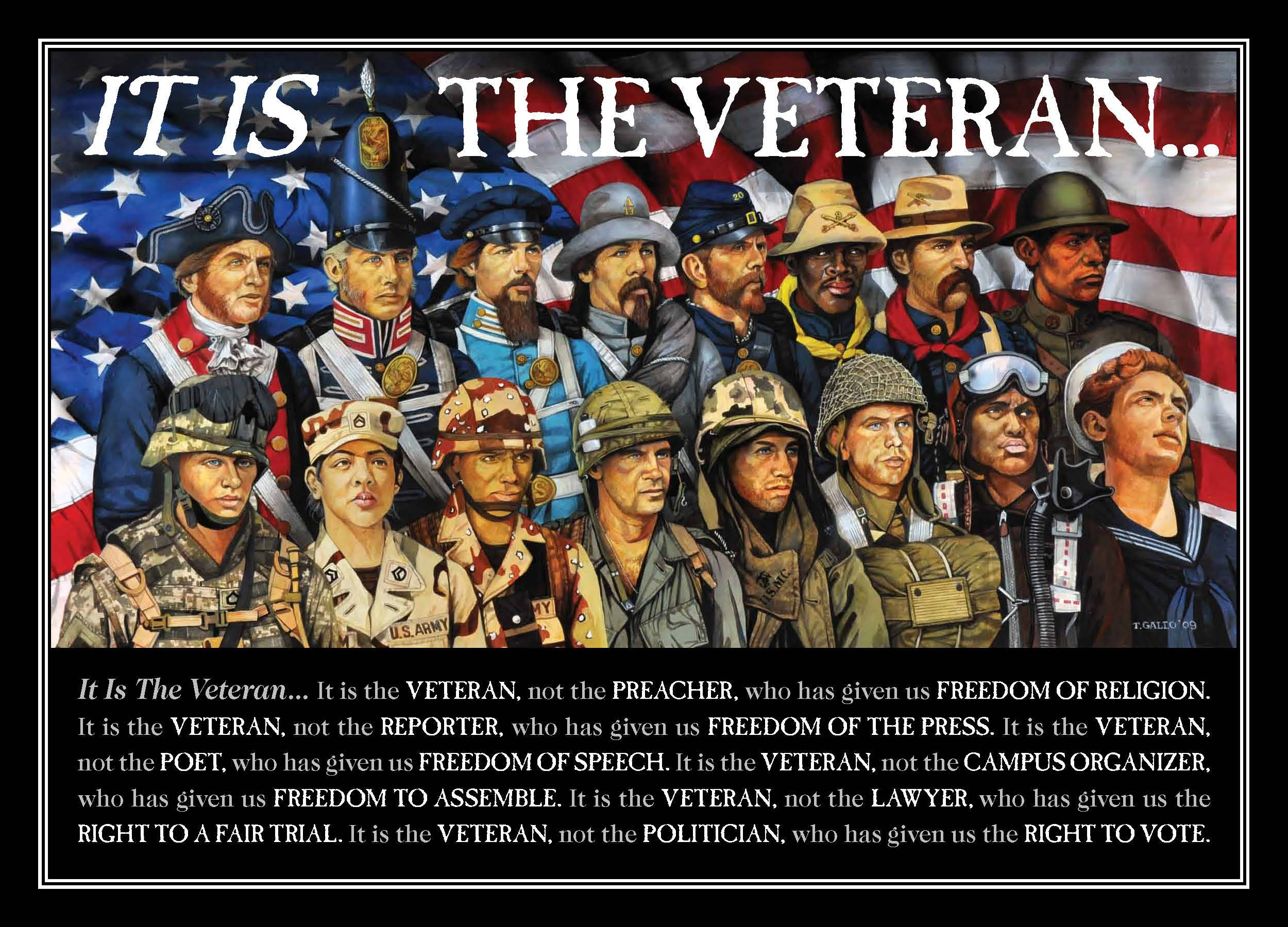 Veterans 桌布 壁紙 — 一幅強大的插圖拼貼畫，描繪了來自不同時代的多樣化美國退伍軍人站在美國國旗前，並以粗體文字表彰他們的貢獻。