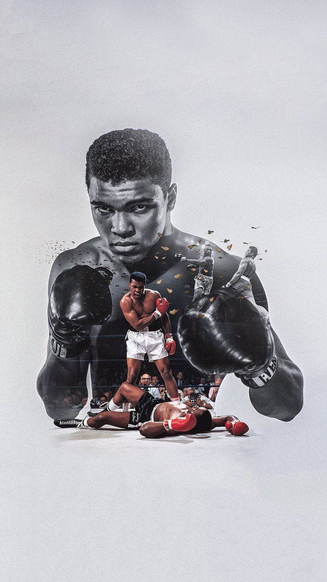 Boxing 桌布 壁紙 — 一幅強大的數位藝術肖像，描繪了戴著拳擊手套的穆罕默德·阿里，周圍環繞著他戰鬥的碎片化場景。
