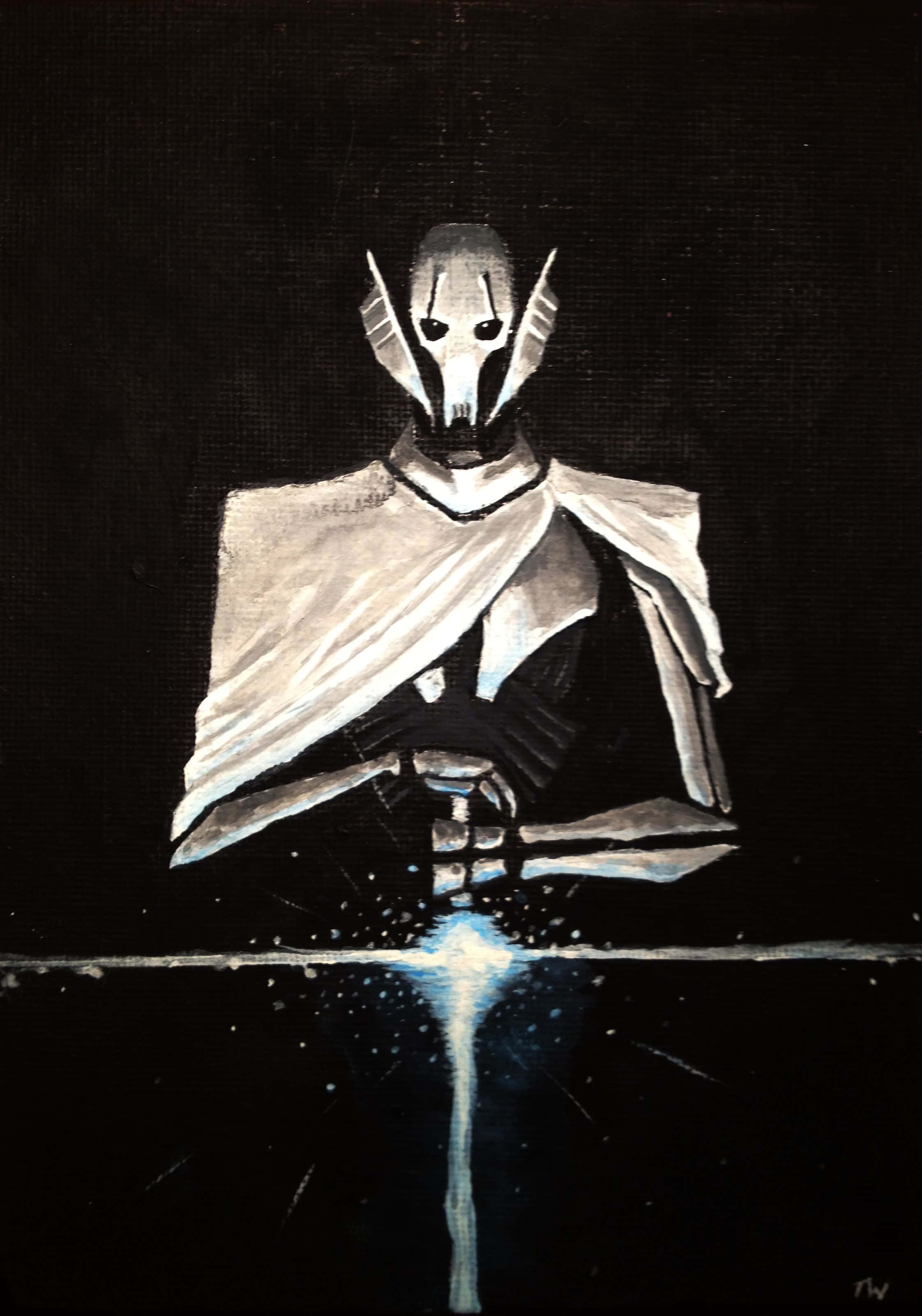 General Grievous 桌布 壁紙 — 一幅強烈的油畫，描繪一個戴面具、身穿白袍的人物，在黑色背景前手持發光的藍色光劍。