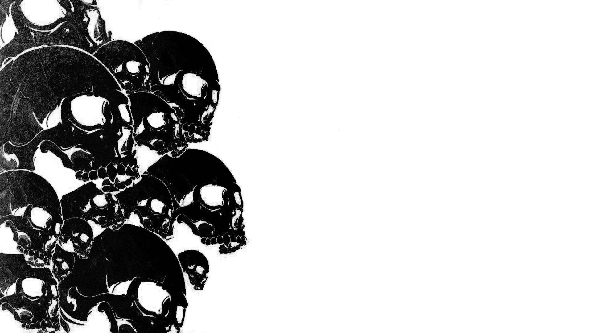 Black Skull 桌布 壁紙 — 一幅強烈的黑白插圖，左側聚集重疊的頭骨，背景為純白色。