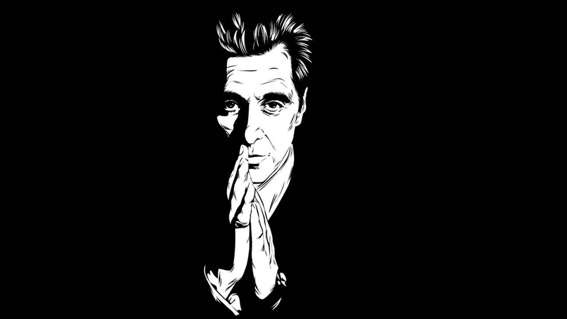 Godfather 桌布 壁紙 — 一幅強烈的黑白插圖，描繪一個男人雙手合十靠近臉部，背景為純黑色。