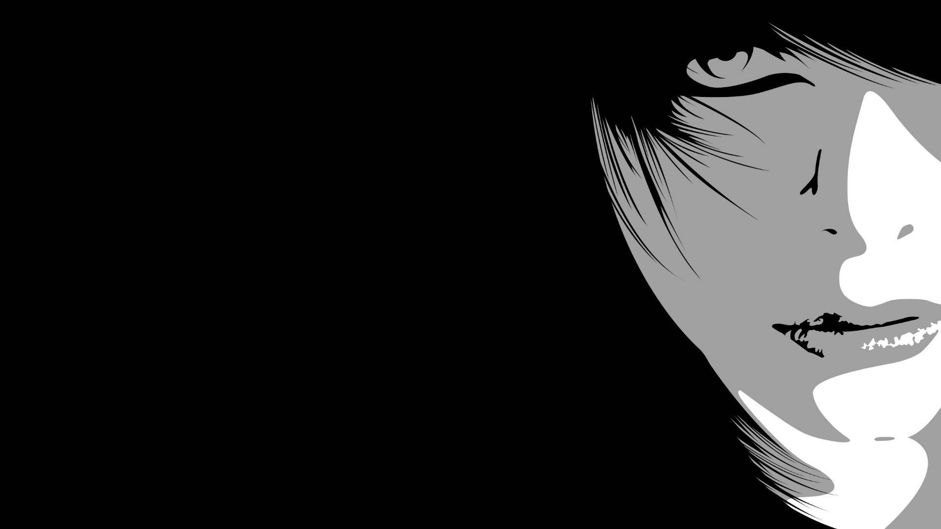 emo 桌布 壁紙 — 一幅強烈的黑白插圖，描繪女性側面輪廓，背景為純黑色。