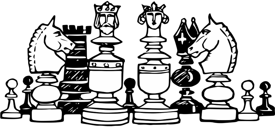 西洋棋 桌布 壁紙 — 一幅強烈的黑白線條藝術插圖，描繪西洋棋棋子在戲劇性的對峙中相互面對。