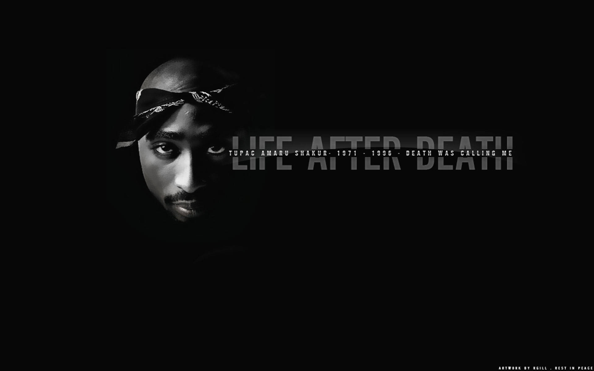 Tupac Shakur 肖像，帶有黑白文字 Life After Death。
