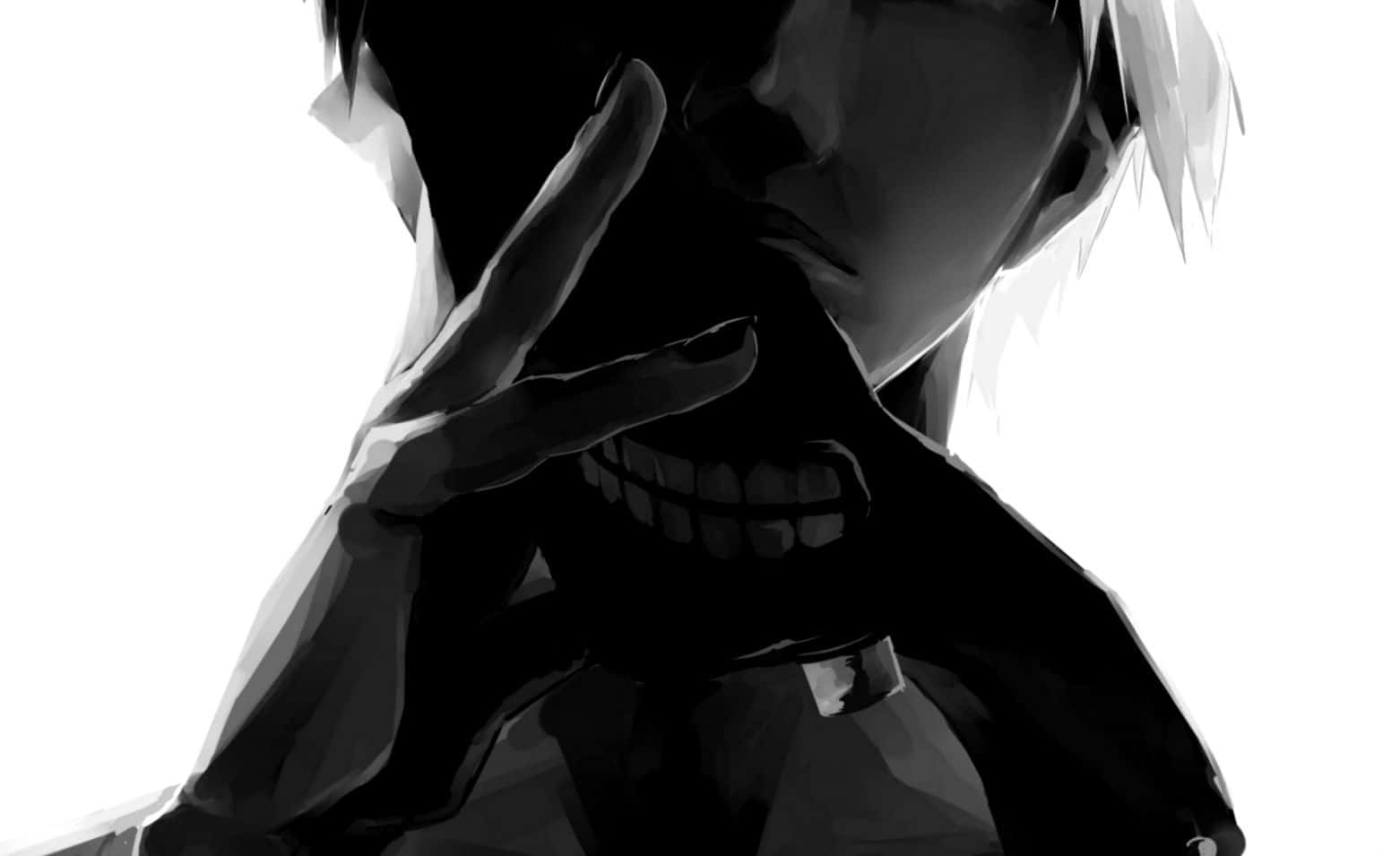 Ken Kaneki 桌布 壁紙 — 一幅強烈黑白對比的動畫肖像，人物頭髮尖刺，用手遮住嘴巴。