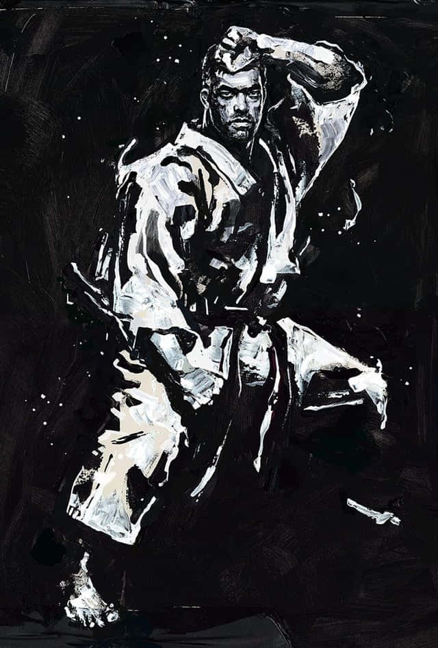 安卓 桌布 壁紙 — 一幅強而有力的水墨畫，描繪一位武術家在深色紋理背景前擺出動態姿勢。