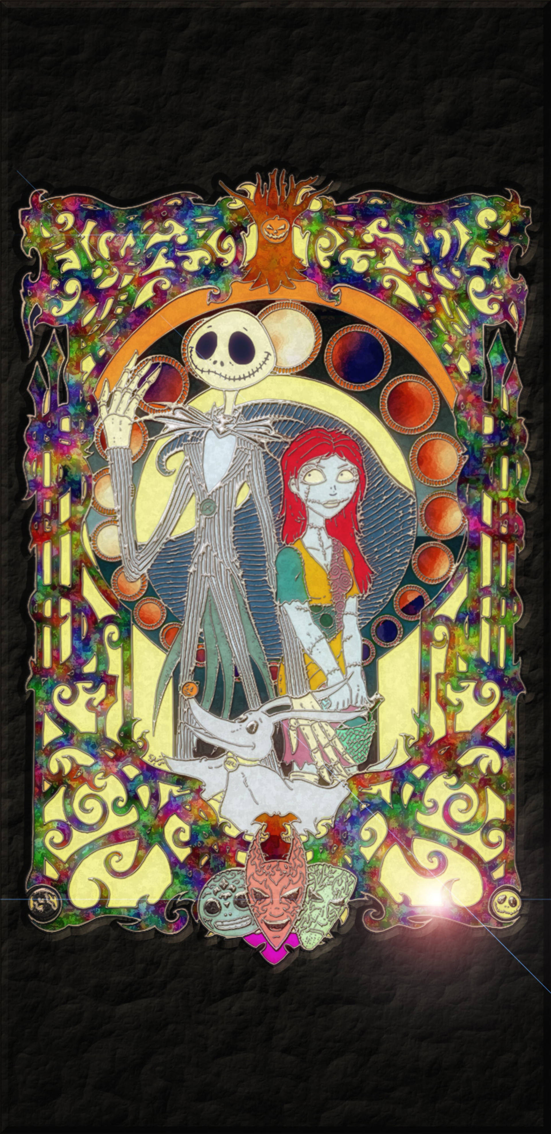 Sally 桌布 壁紙 — 一幅彩繪玻璃風格藝術作品，描繪傑克·史克林頓和莎莉，以華麗多彩圖案鑲嵌在深色背景上。