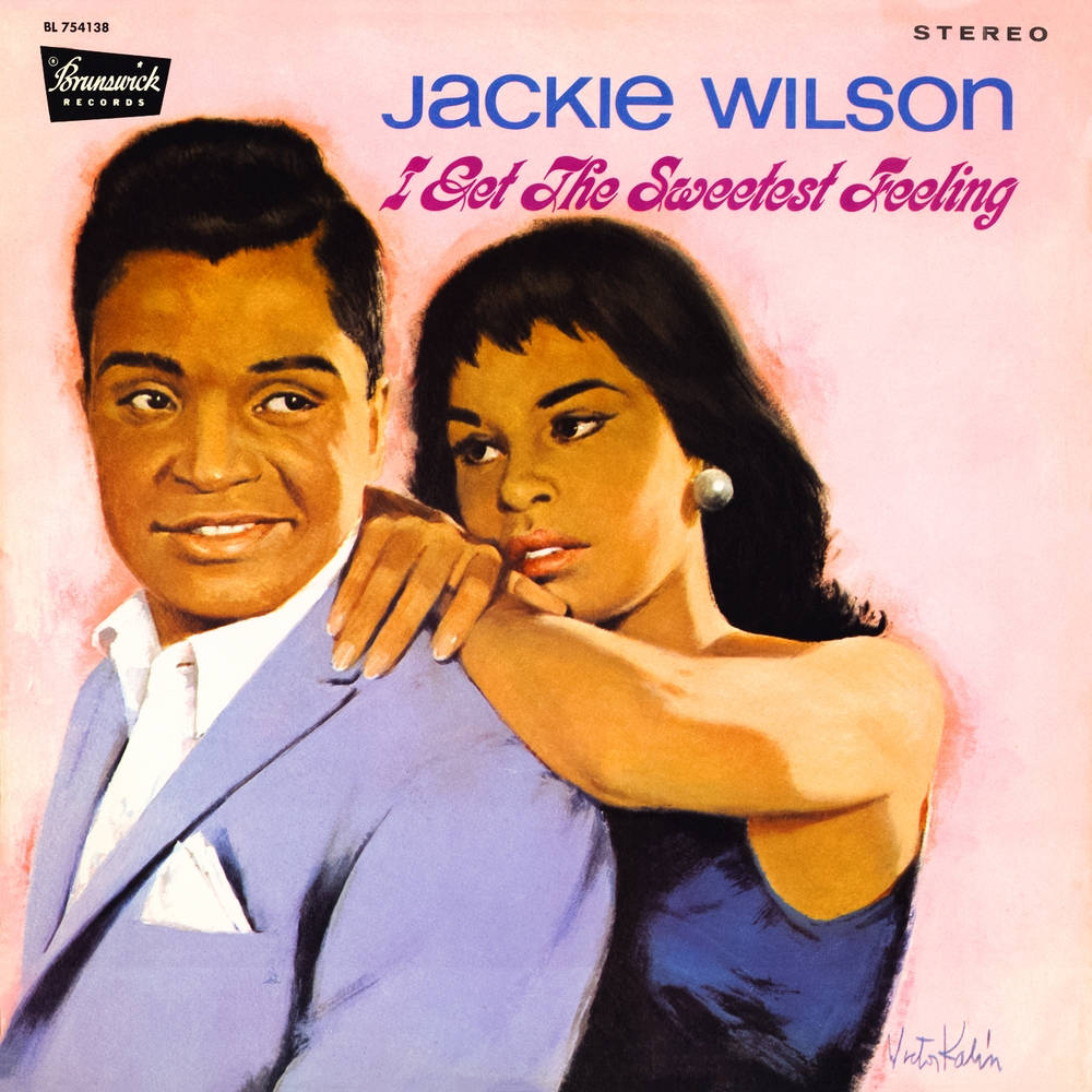 Singer 桌布 壁紙 — 一幅復古1960年代專輯封面畫作，描繪Jackie Wilson與一位身穿藍色連衣裙的女性在粉紅色背景上擁抱。