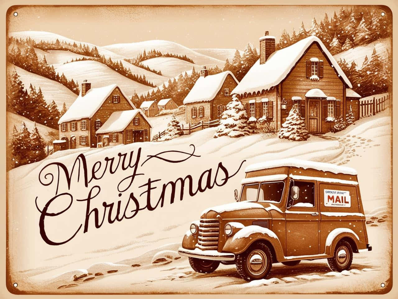 Vintage Merry Christmas 壁紙 — 一幅復古懷舊的聖誕場景，以棕褐色調呈現，一輛被雪覆蓋的郵車停泊在積雪的山丘上舒適的小屋前。
