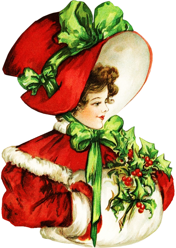 lady 桌布 壁紙 — 一幅復古插圖，描繪一位戴著紅色帽子、穿著紅色外套的小女孩，外套和帽子上裝飾著綠色蝴蝶結和冬青漿果。