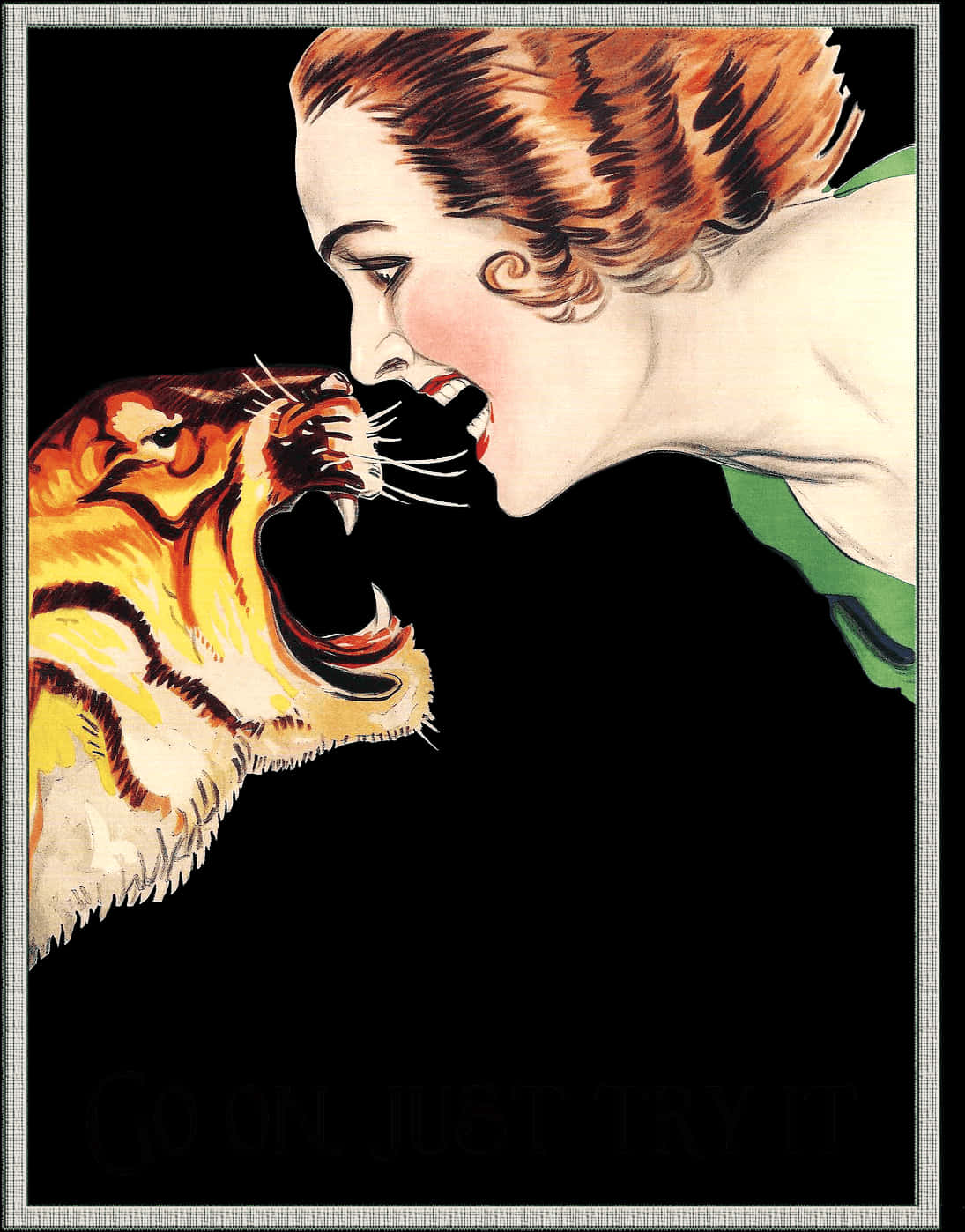Roaring Tiger 桌布 壁紙 — 一幅復古插圖，描繪一位擁有火焰般頭髮的女性，在純黑背景前面對一頭咆哮的老虎。