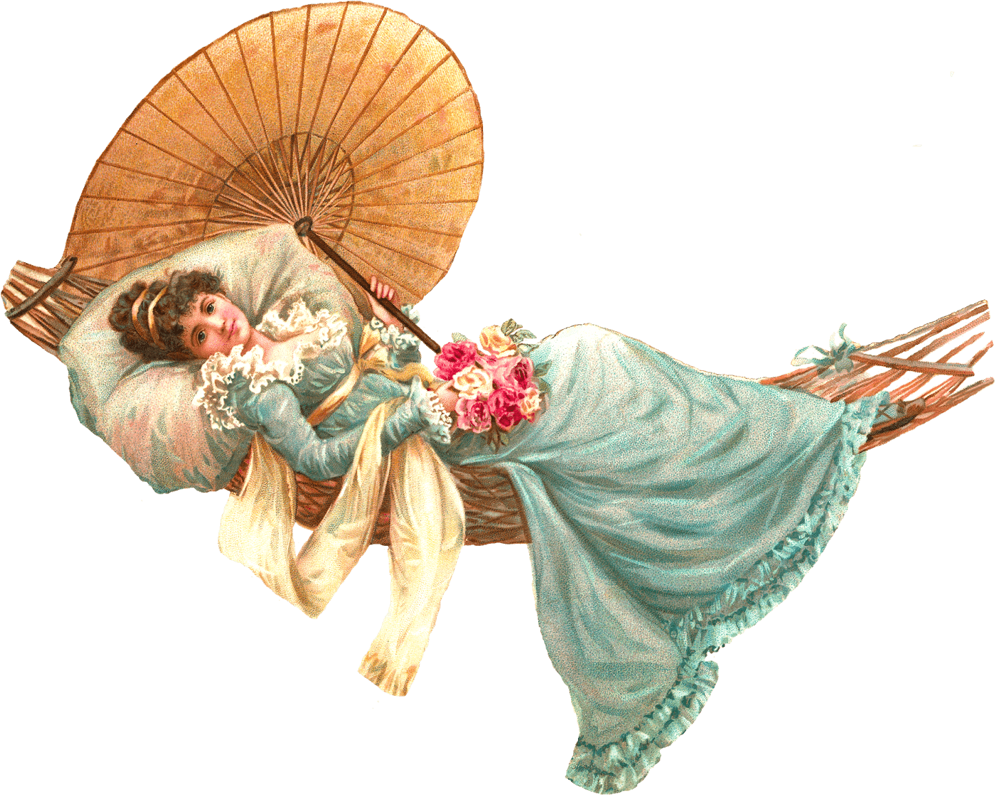 Umbrella 桌布 壁紙 — 一幅復古插圖，描繪一位身穿藍色長袍的女子斜倚在柳條籃中，手持陽傘和玫瑰。