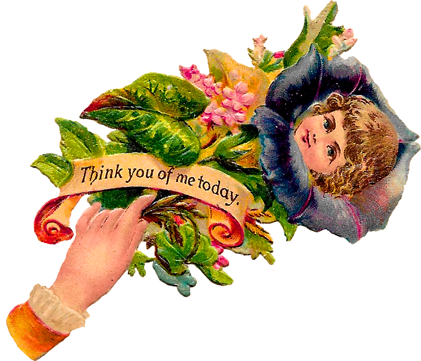 Bouquet 桌布 壁紙 — 一幅復古插圖，描繪一個孩子的臉從花束中探出，一隻手拿著一條寫有「Think you of me today.」的絲帶。