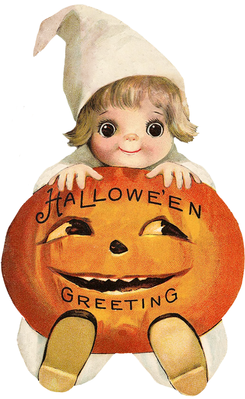 Pumpkin Halloween 桌布 壁紙 — 一幅復古插圖，描繪一個戴著白色尖帽的微笑小孩，手持一個歡樂的橙色傑克南瓜燈，上面有「HALLOWE'EN GREETING」字樣。