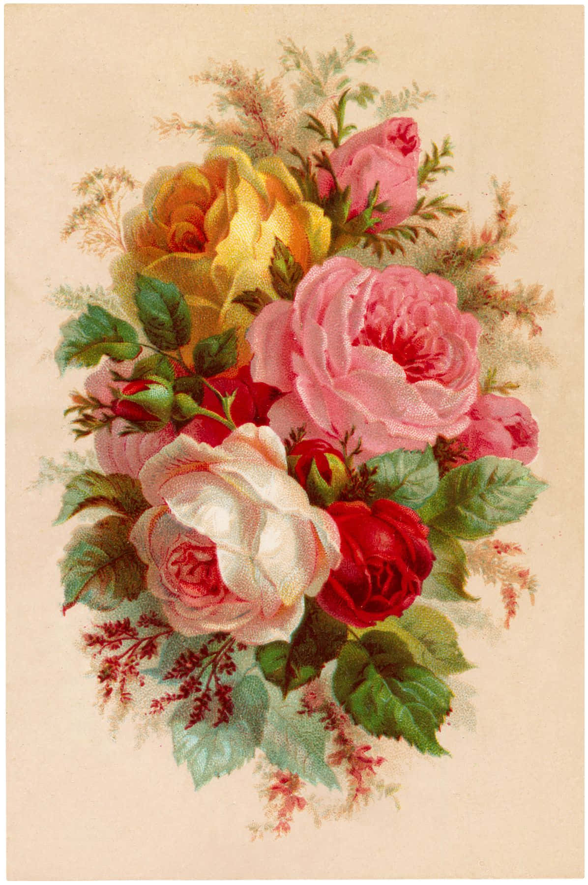 Vintage Rose 桌布 壁紙 — 一幅復古插圖，描繪一個茂盛的花束，包含粉紅、黃色和紅色玫瑰，配以綠色葉子，背景為柔和的奶油色。