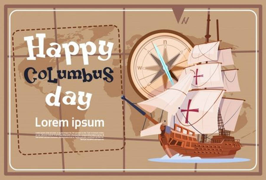 Columbus Day 桌布 壁紙 — 一幅復古插圖，描繪一艘白帆上有紅色十字的帆船，旁邊是地圖背景上的羅盤玫瑰，慶祝哥倫布日。