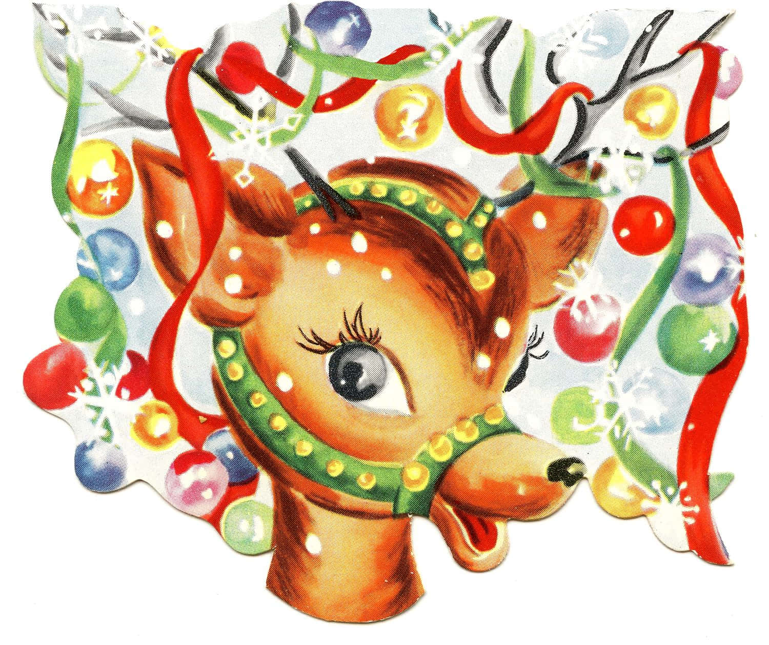 Vintage Christmas 桌布 壁紙 — 一幅復古插圖，描繪一隻快樂的馴鹿，戴著綠色鉚釘項圈，周圍環繞著色彩繽紛的裝飾品和雪花。