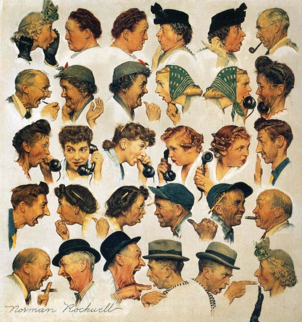 Norman Rockwell 桌布 壁紙 — 一幅復古插圖，描繪不同人士以豐富表情和時代服裝進行生動的電話對話。