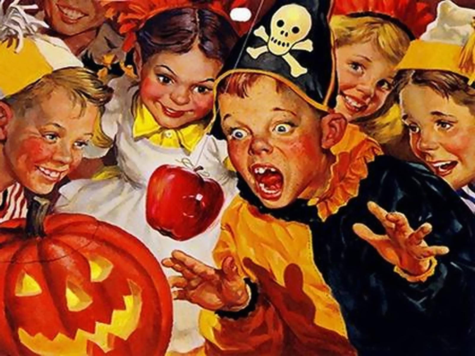 Vintage Halloween 桌布 壁紙 — 一幅復古插圖，描繪了穿著萬聖節服裝的快樂孩子們圍著一個雕刻南瓜和一個紅蘋果。