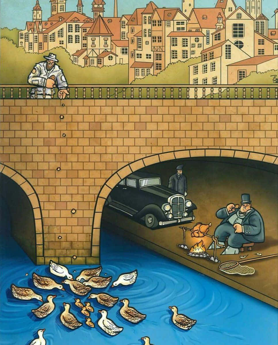 Painting 桌布 壁紙 — 一幅復古插圖場景，顯示一名男子在石橋下釣魚，鴨子在下方游泳，拱門內有一輛經典汽車在等待。