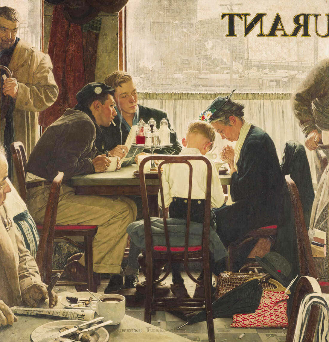 Norman Rockwell 桌布 壁紙 — 一幅復古插圖描繪了繁忙餐廳中的顧客，一名女子和小孩坐在桌旁，周圍有其他食客和窗外的城市景觀。