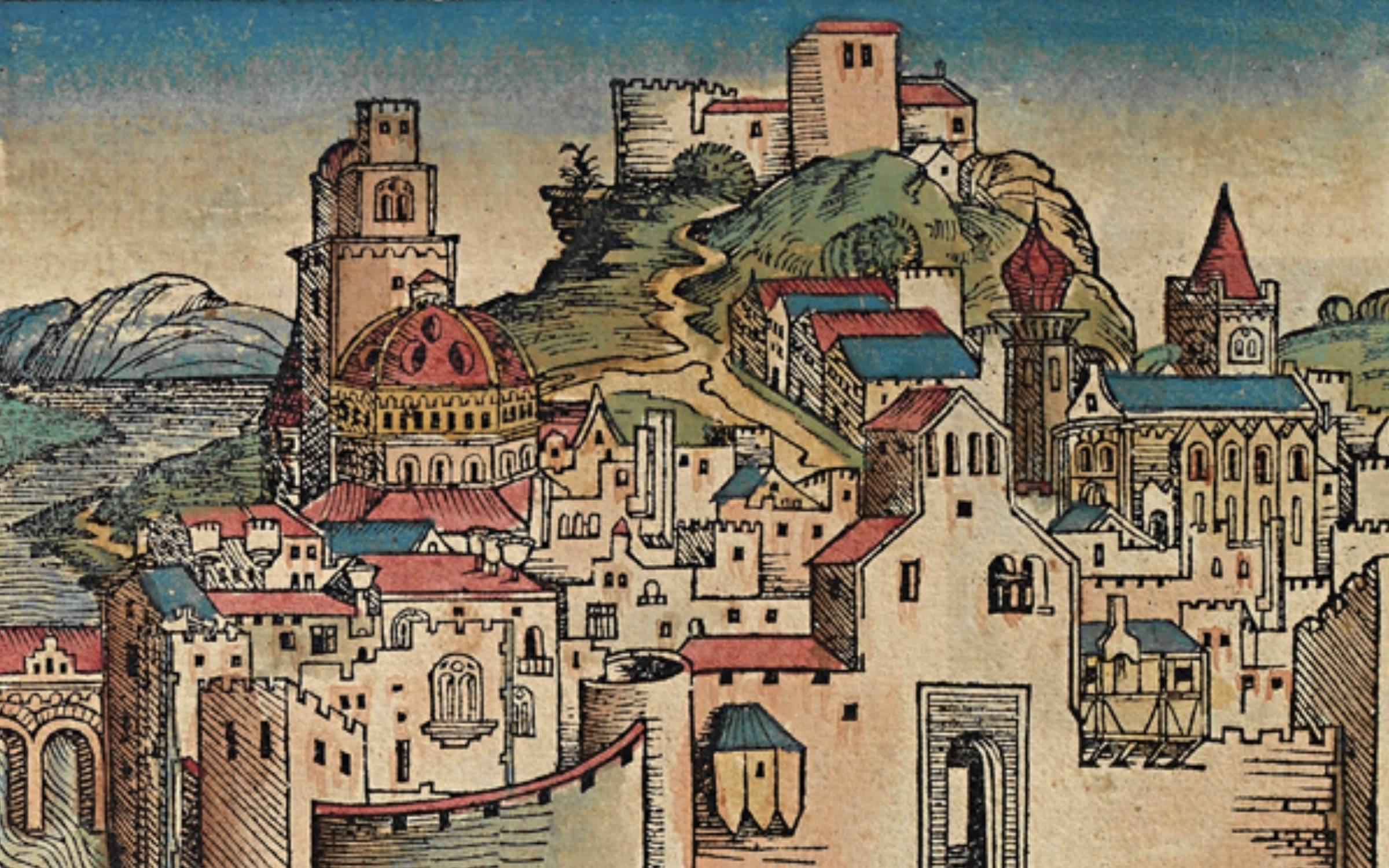 Carthage 桌布 壁紙 — 一幅復古插圖風格的城市景觀，描繪了中世紀的塔樓、圓頂和紅色屋頂，坐落在蒼白天空下的山坡上。