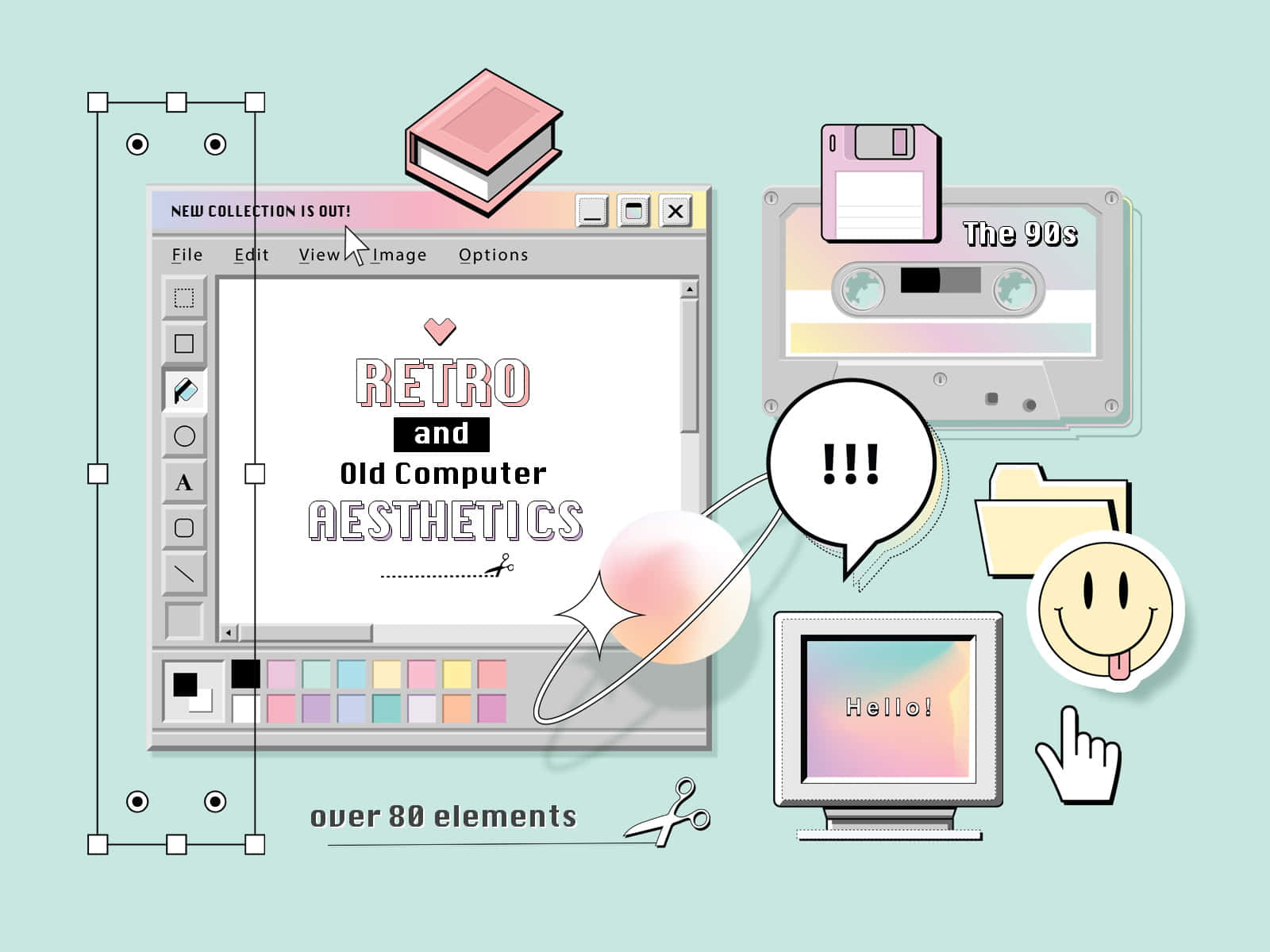 Aesthetic Retro 桌布 壁紙 — 一幅復古數位插圖，展示90年代電腦美學，包含復古介面、軟碟、卡式錄音帶和笑臉貼紙。