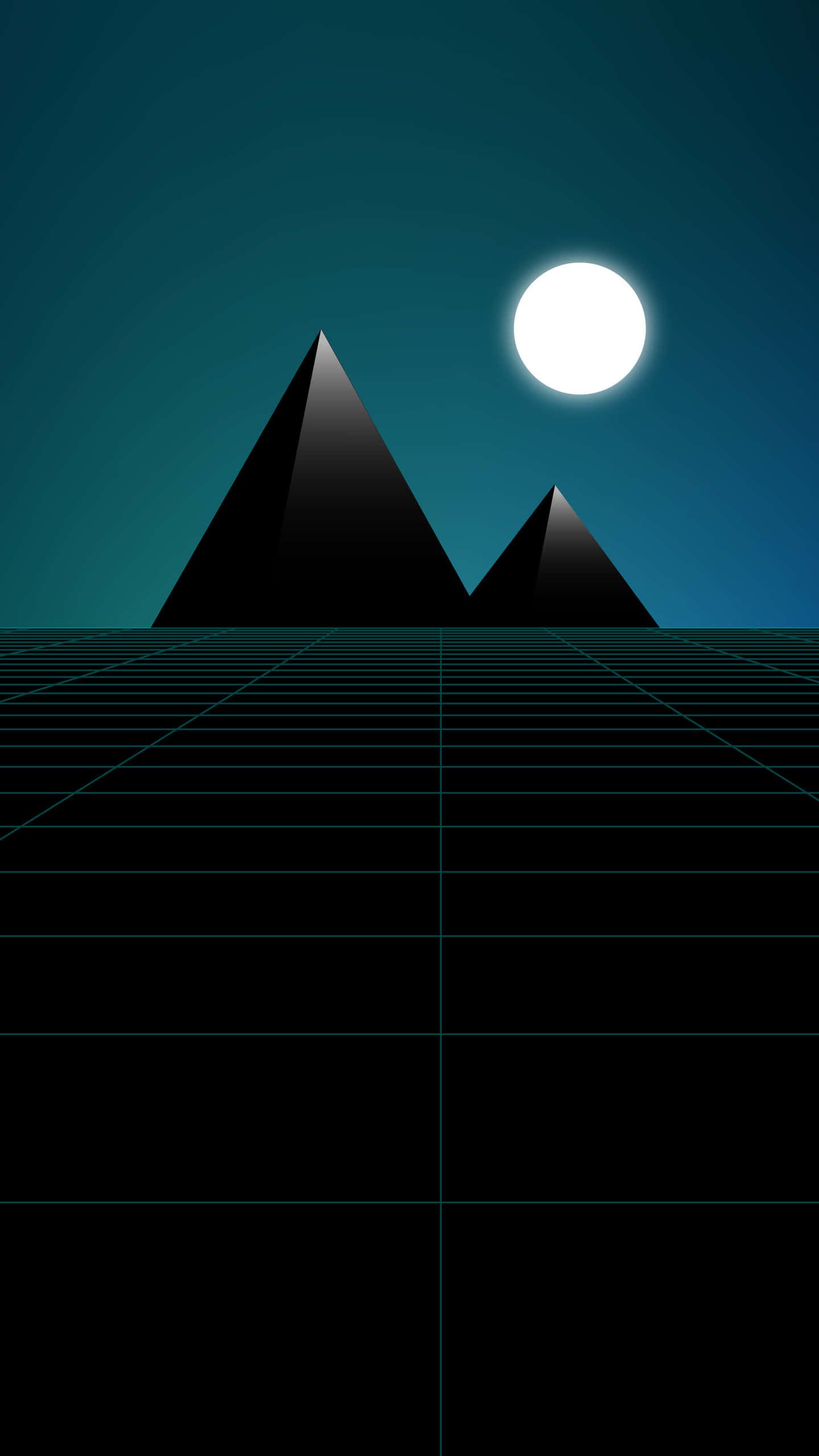 Shapes 桌布 壁紙 — 一幅復古未來主義場景，黑色金字塔在發光的月亮下，以青綠色漸變天空和網格地板為背景。