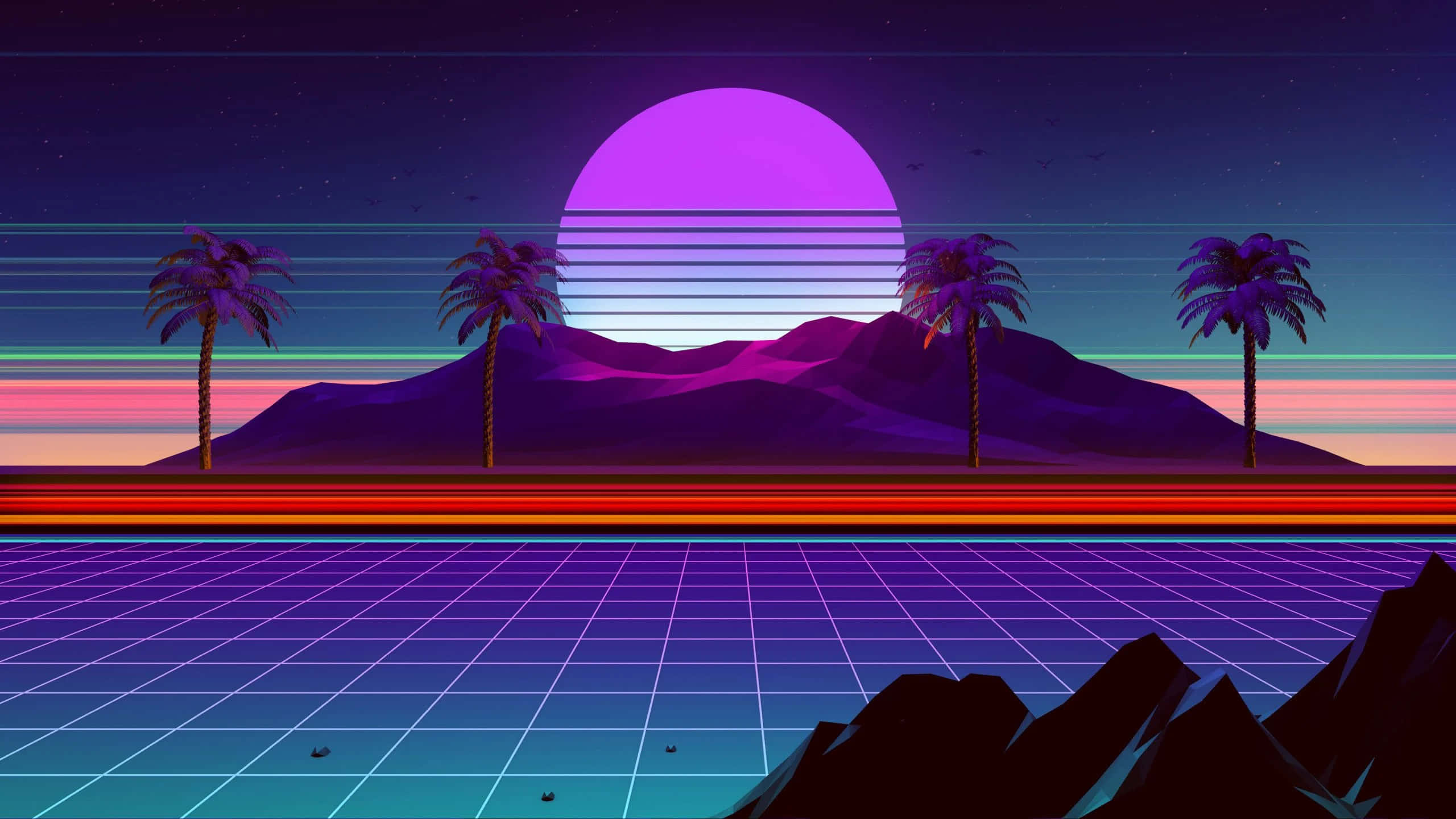 Trippy Neon Lights 桌布 壁紙 — 一幅復古未來主義沙漠場景，棕櫚樹在發光的紫色太陽和霓虹網格地平線襯托下形成剪影。
