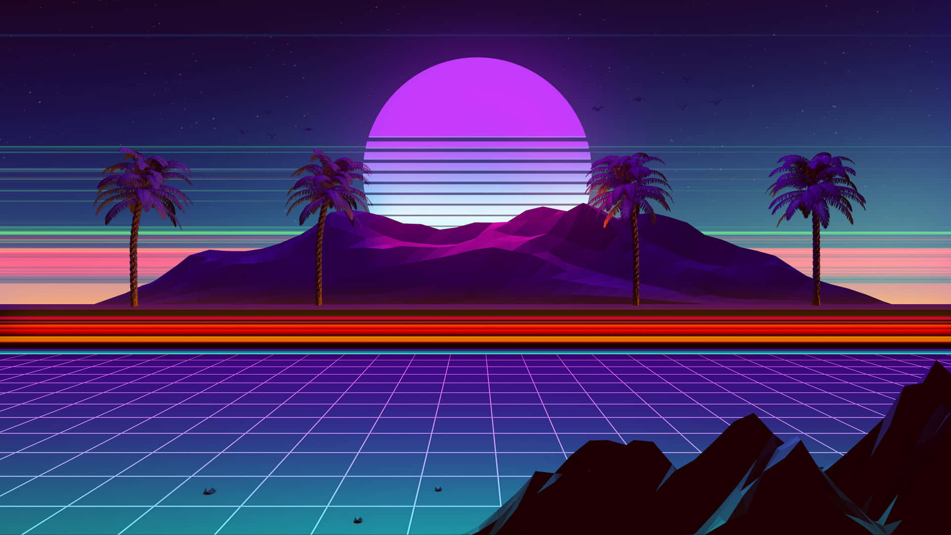 Vaporwave 桌布 壁紙 — 一幅復古未來主義的沙漠場景，棕櫚樹在發光的紫色太陽和霓虹網格地平線的襯托下形成剪影。