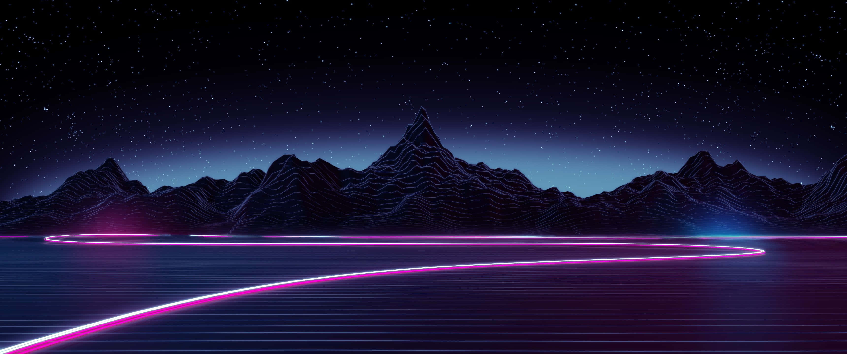 Space Art 桌布 壁紙 — 一幅復古未來風格的夜景，發光霓虹線條在星空和鋸齒狀山脈下的網格狀水面上彎曲。