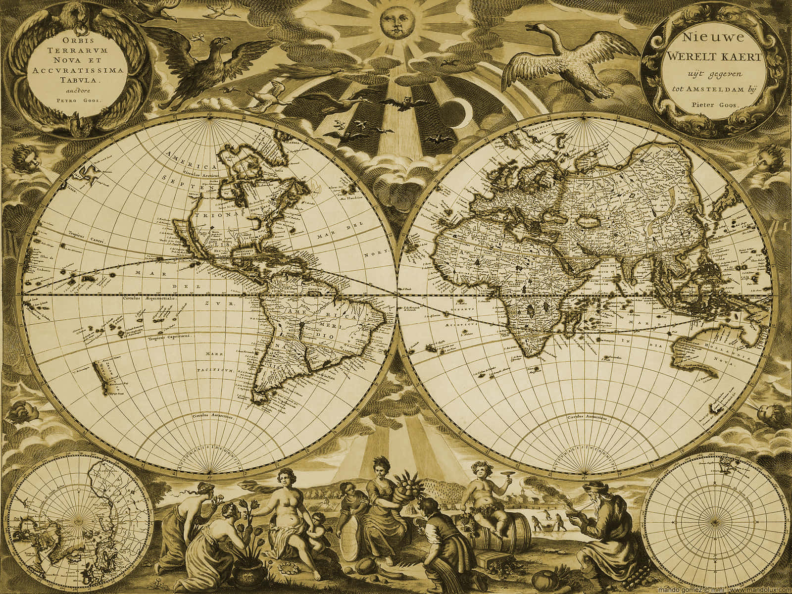 World Map Aesthetic 桌布 壁紙 — 一幅復古棕褐色調的世界地圖插圖，底部帶有天文圖案和古典人物。
