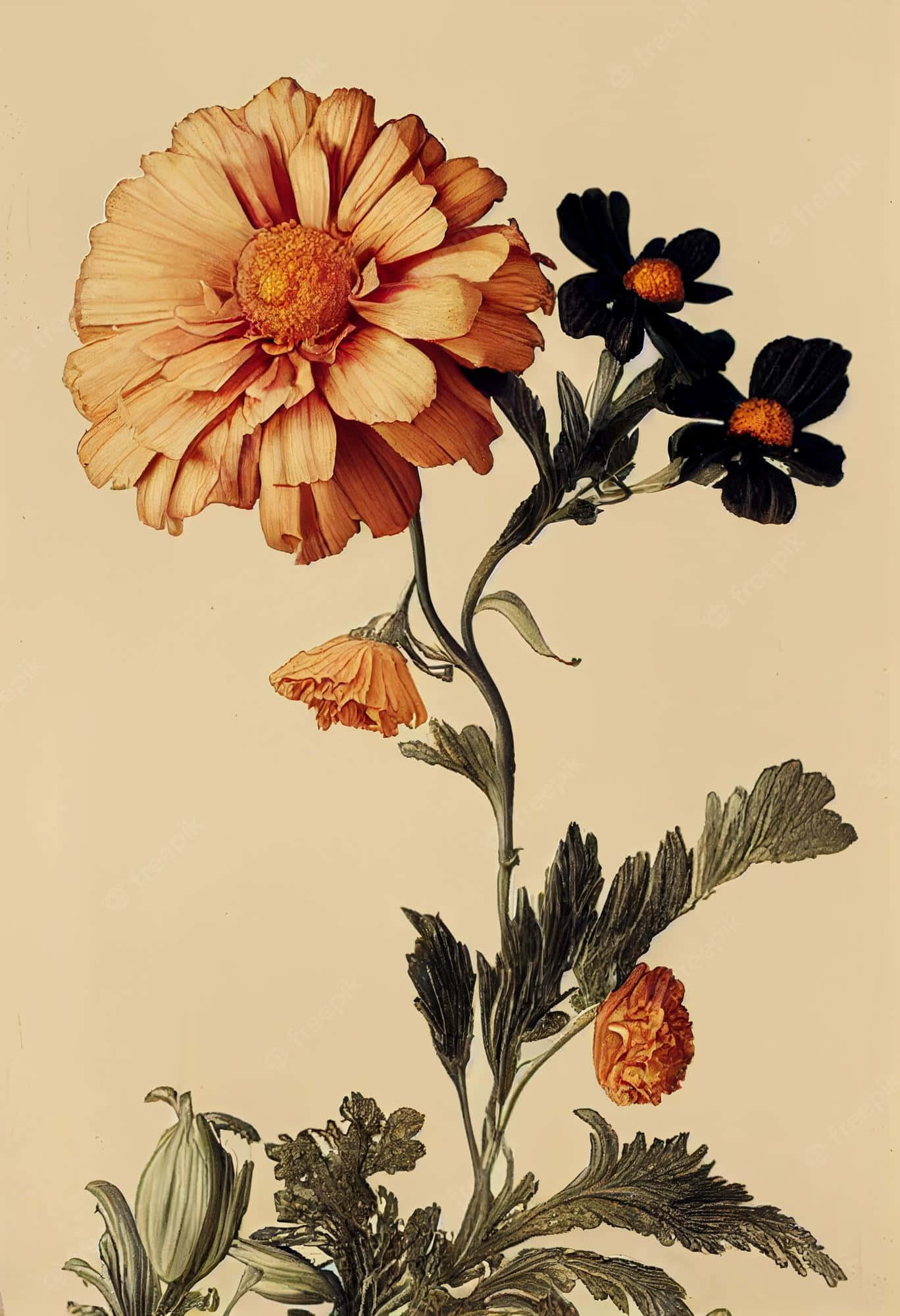 Vintage Flower 桌布 壁紙 — 一幅復古植物插圖，描繪一朵大桃花，帶有黑色花朵和枯萎的花蕾，生長在纖細的莖上，背景為奶油色。