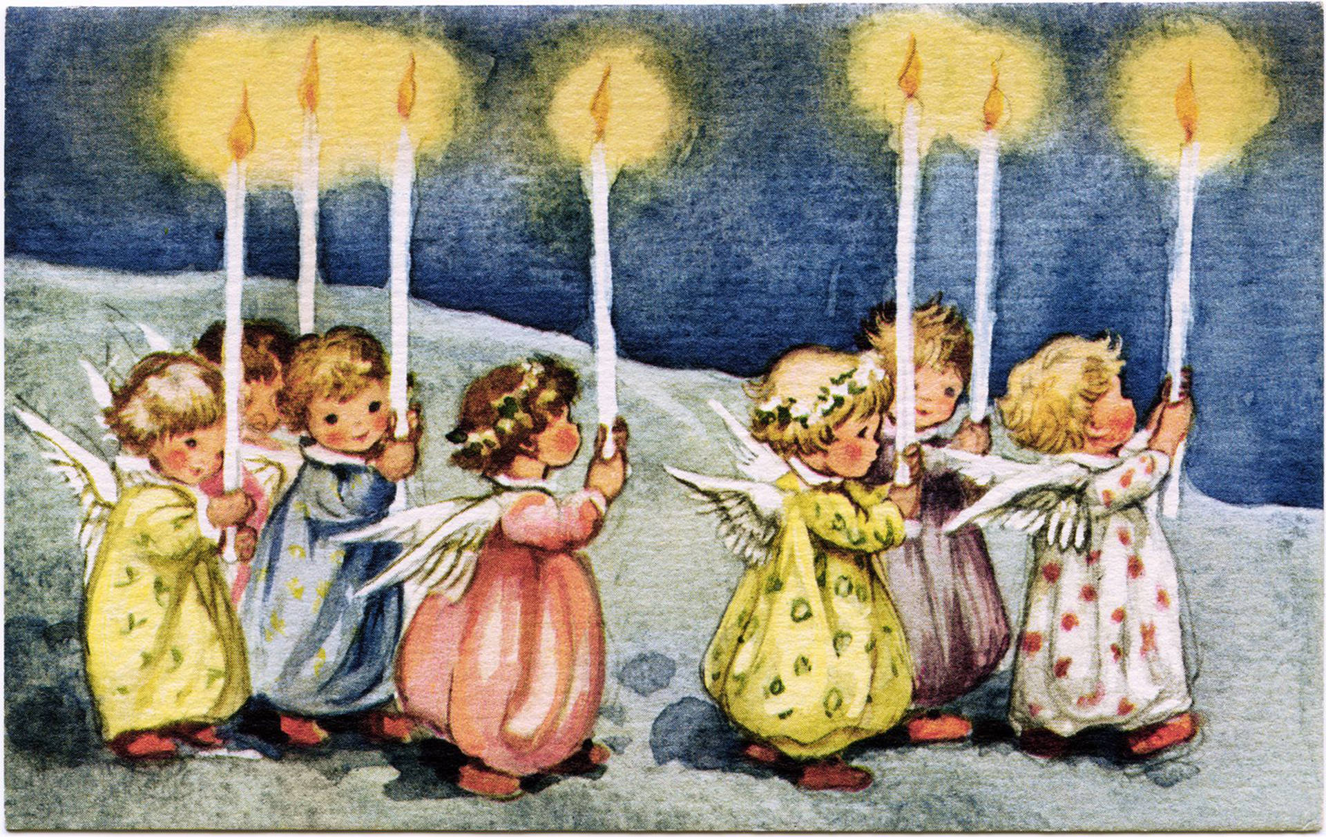 angels 桌布 壁紙 — 一幅復古水彩插圖，描繪身穿彩色長袍的小天使在深藍色夜空下高舉點燃的蠟燭。