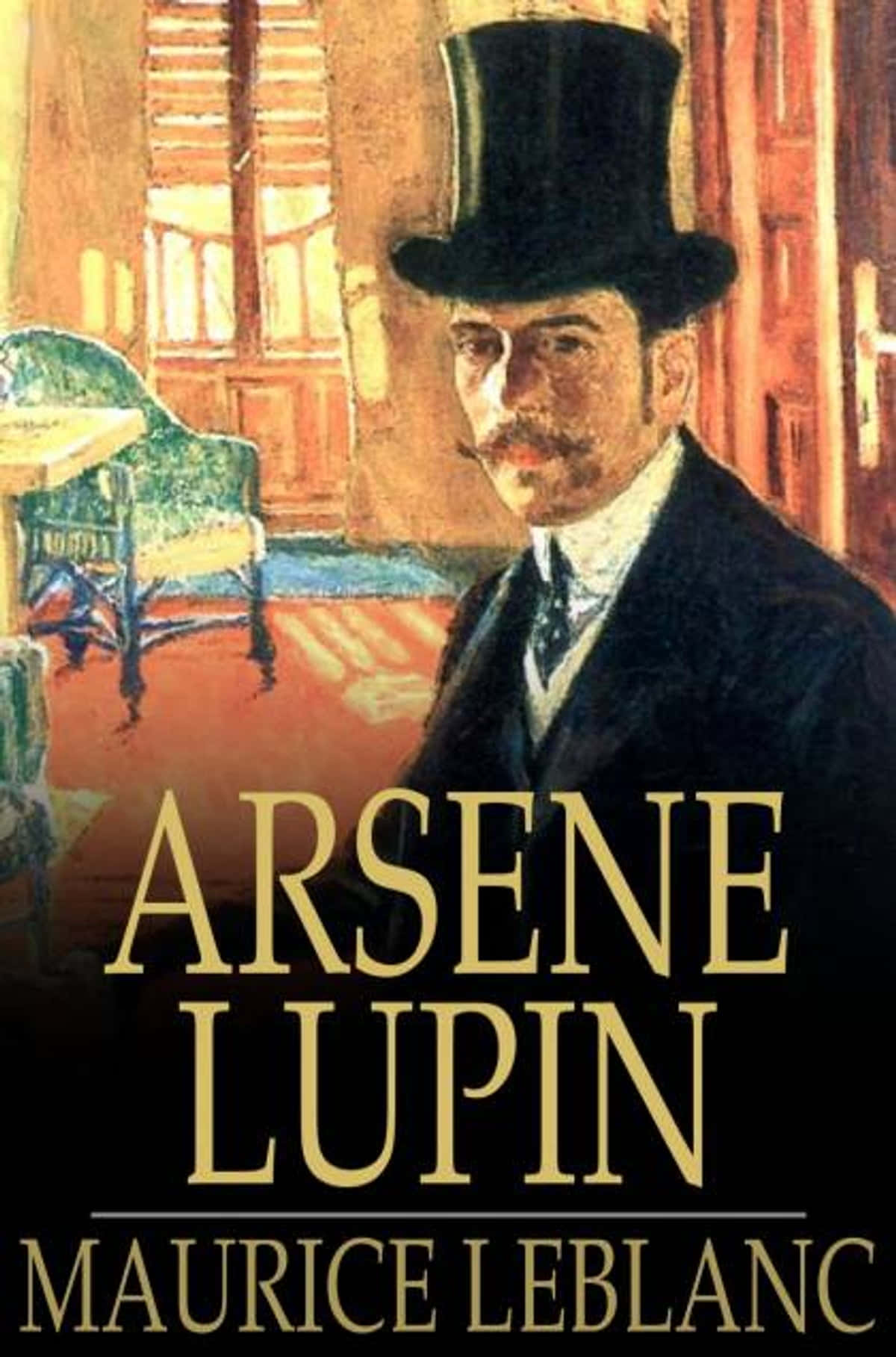 Arsène Lupin 桌布 壁紙 — 一幅復古油畫，描繪一位留鬍子的男士，頭戴高頂禮帽、身穿西裝，坐在一個光線溫暖的房間裡，房間有木製百葉窗和一把綠色椅子。