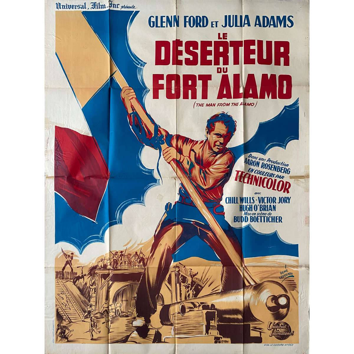 電影動圖 桌布 壁紙 — 一幅復古法國Technicolor電影海報，為《The Man from the Alamo》而設，葛倫·福特在戰場場景上方舉著旗幟。