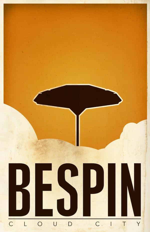 Bespin 桌布 壁紙 — 一幅復古海報風格的插圖，描繪了貝斯平雲城，以大膽的黑色剪影襯托著溫暖的橙色天空和奶油色雲朵。