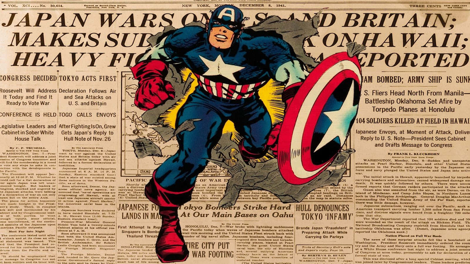 Retro Captain America 桌布 壁紙 — 一幅復古漫畫插圖，描繪美國隊長擊穿關於日本偷襲珍珠港的報紙頭條。