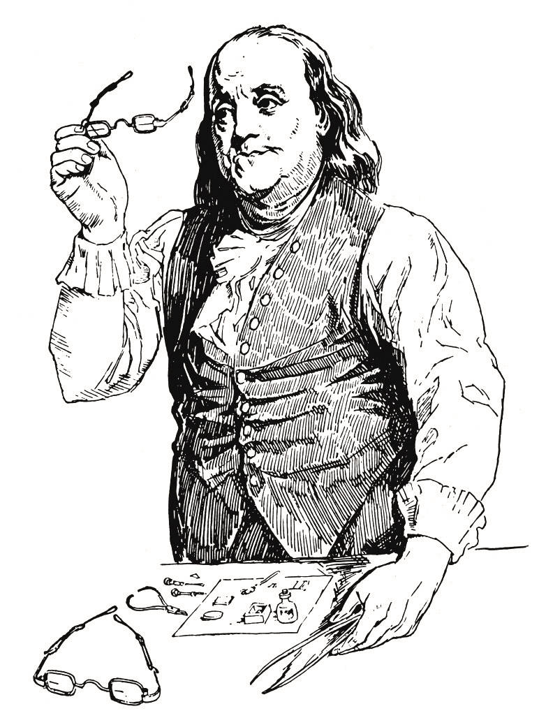 Franklin 桌布 壁紙 — 一幅復古線條藝術插圖，描繪班傑明·富蘭克林手持眼鏡，桌上放有工具和眼鏡。
