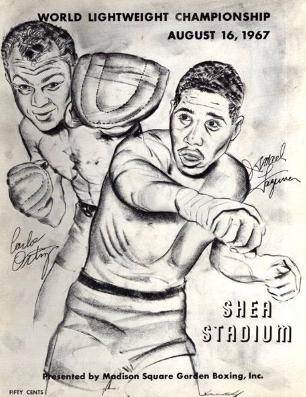運動 桌布 壁紙 — 一幅復古鉛筆素描，描繪兩名拳擊手在1967年世界輕量級冠軍賽於謝亞體育場準備戰鬥。