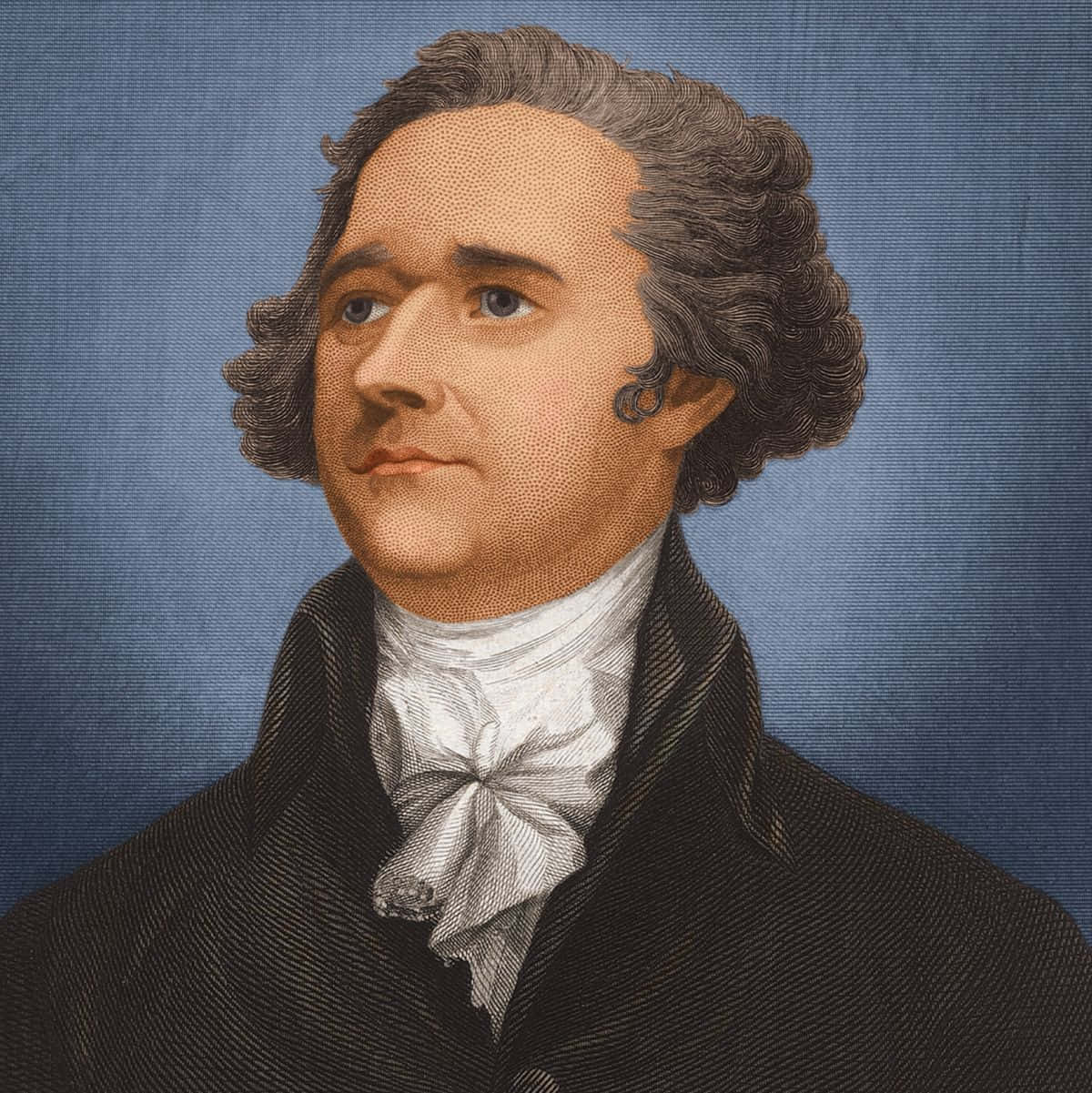 Alexander Hamilton 桌布 壁紙 — 一幅復古雕刻肖像，描繪一位捲髮、戴著撲粉假髮、身穿深色外套和白色領巾的男子，背景為藍色紋理。