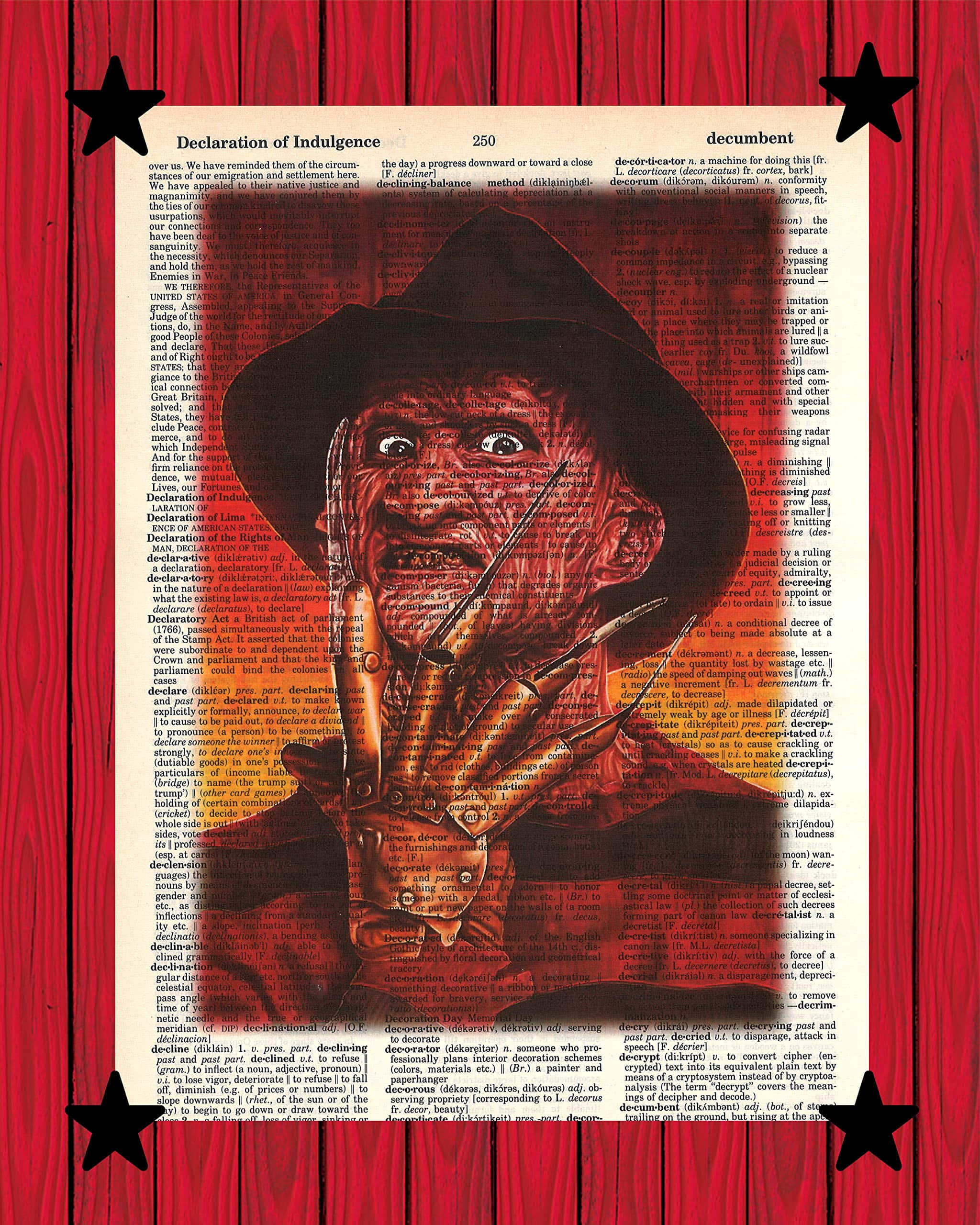 Freddy Krueger 桌布 壁紙 — 一幅復古風格插圖，描繪一名戴帽穿皮背心的男子手持手杖，背景為紅色窗簾並疊加字典文字。