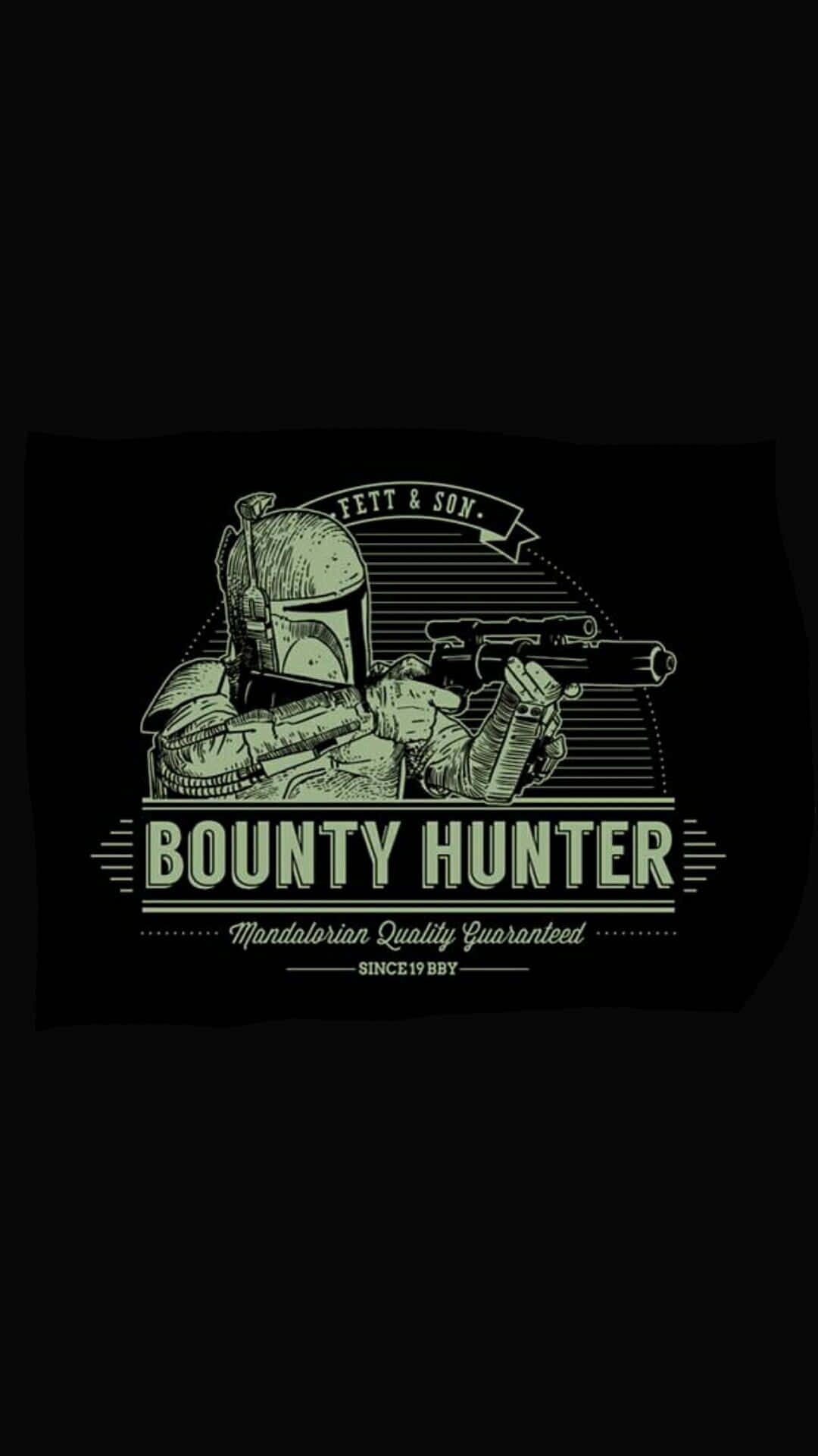 Bounty Hunters 桌布 壁紙 — 一幅復古風格插圖，描繪波巴·費特手持爆能槍，黑色背景上帶有 'Fett & Son' 和 'Bounty Hunter' 文字。