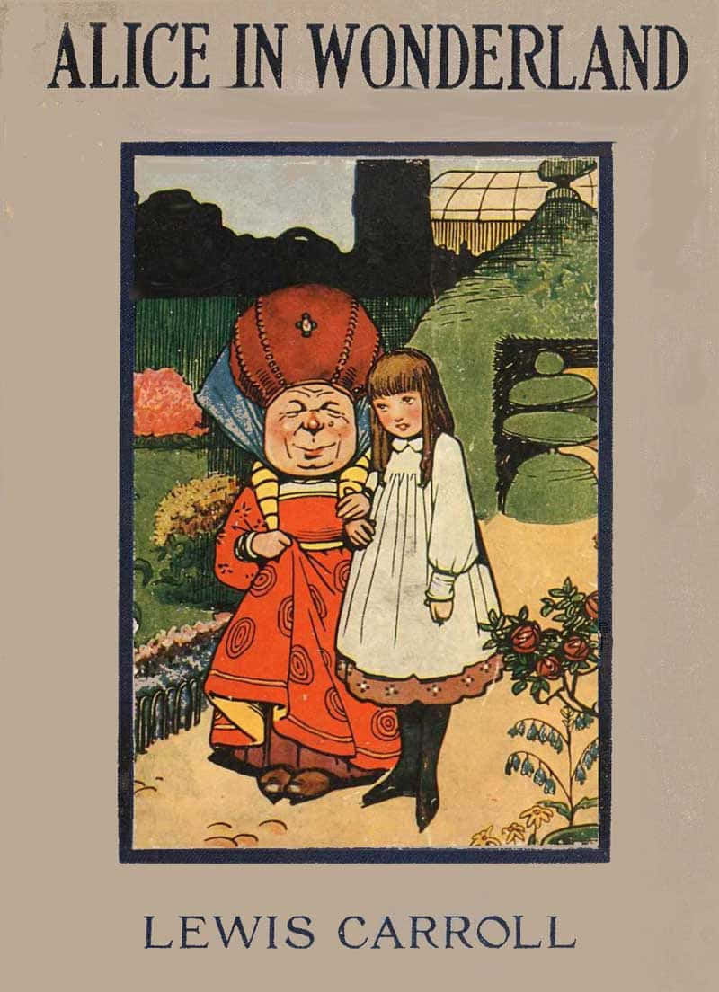Storybook 桌布 壁紙 — 一幅復古風格的《愛麗絲夢遊仙境》插圖封面，展示一個戴紅帽的微笑人物在奇幻花園場景中牽著愛麗絲的手。