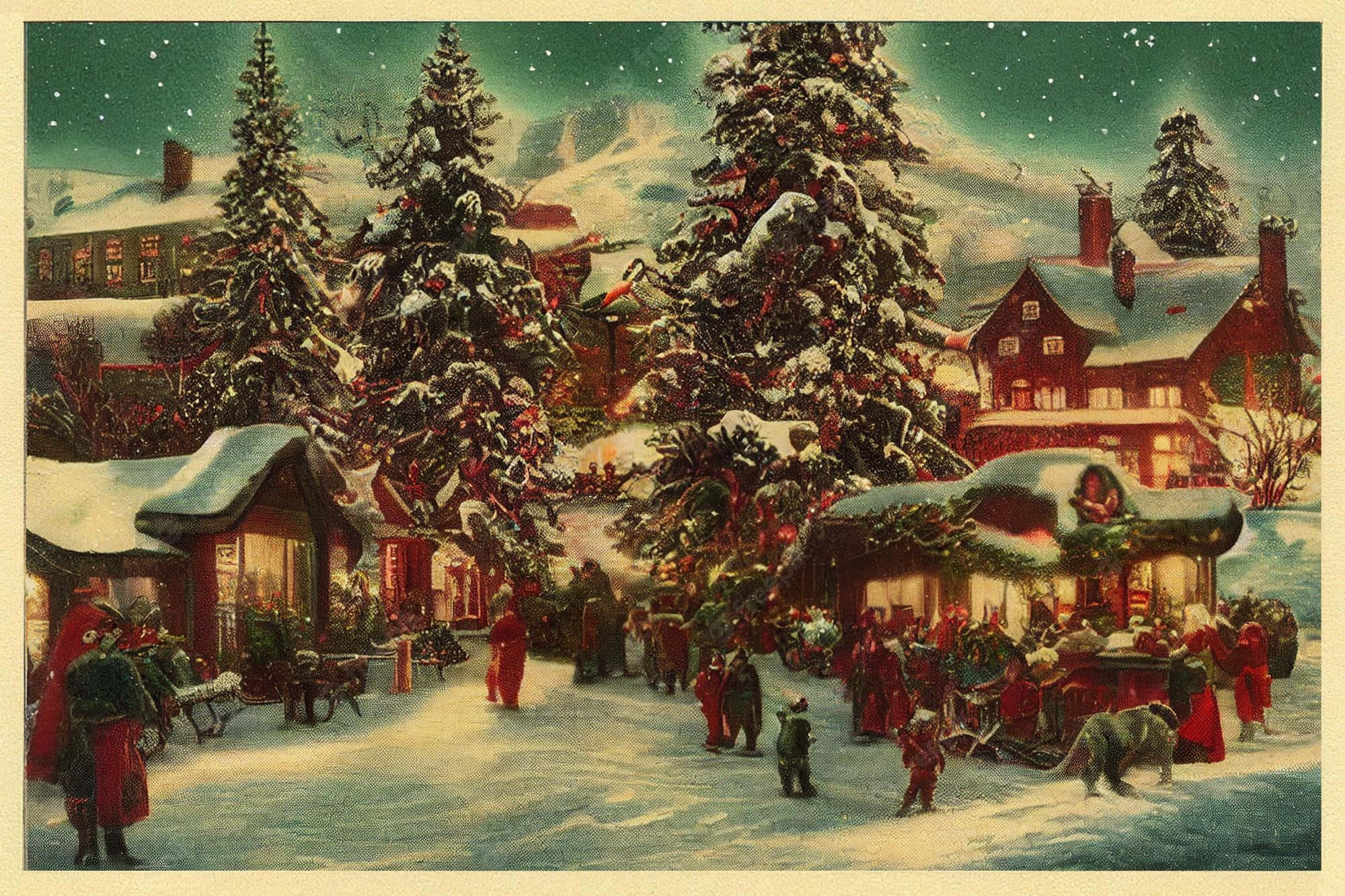 Vintage Christmas 桌布 壁紙 — 一幅復古風格的冬季插圖，描繪了一個白雪覆蓋的村莊，有節日氣氛的紅頂建築、裝飾過的常青樹，以及穿著節日服裝的人們在星空下享受雪夜。