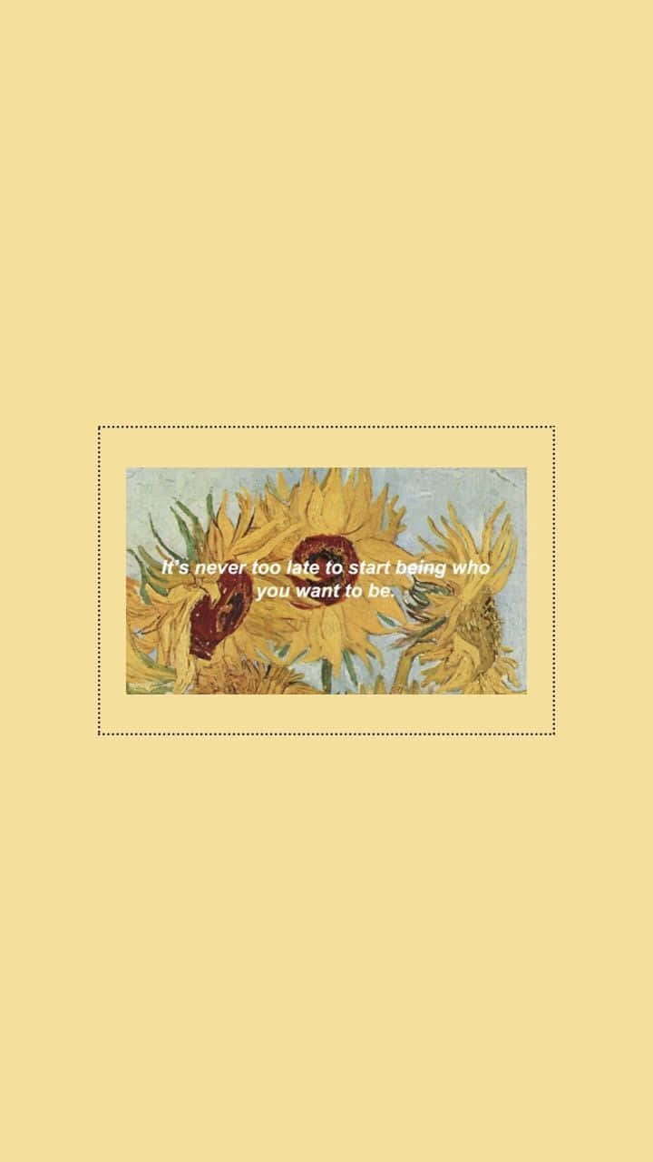 Sunflower Quotes 桌布 壁紙 — 一幅復古風格的向日葵畫作，鑲框並在淡黃色背景上疊加勵志文字。