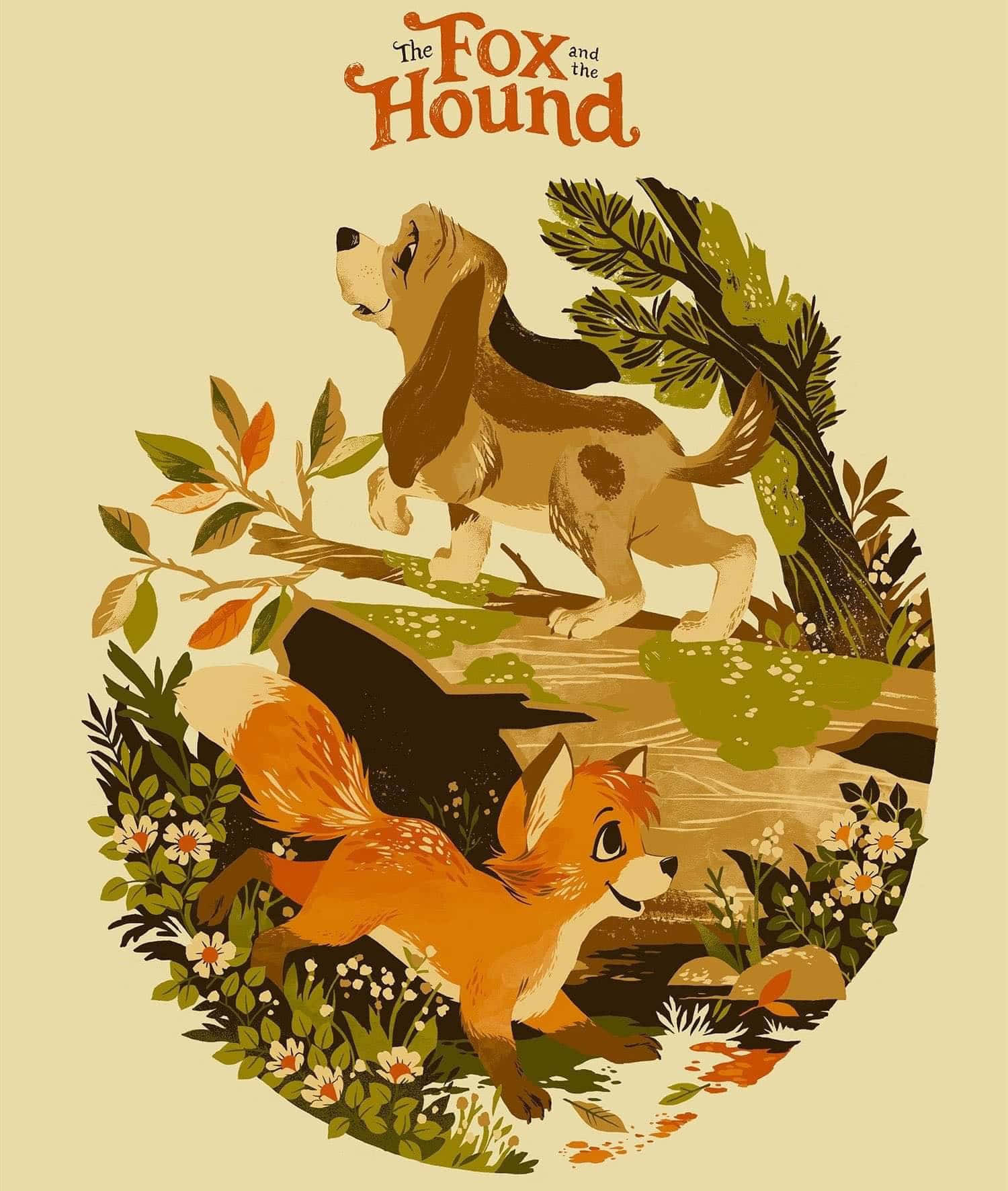 the fox and the hound 桌布 壁紙 — 一幅復古風格的插圖，描繪狐狸和獵犬一起站在圓形林地場景中，周圍有花朵和樹葉。
