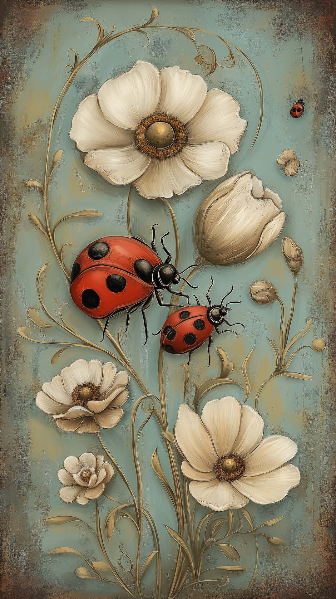 Stylized Floral Design with Insects and Delicate Blooms 壁紙 — 一幅復古風格的畫作，描繪了在青色背景上，金色莖幹的奶油色花朵上的紅色瓢蟲。