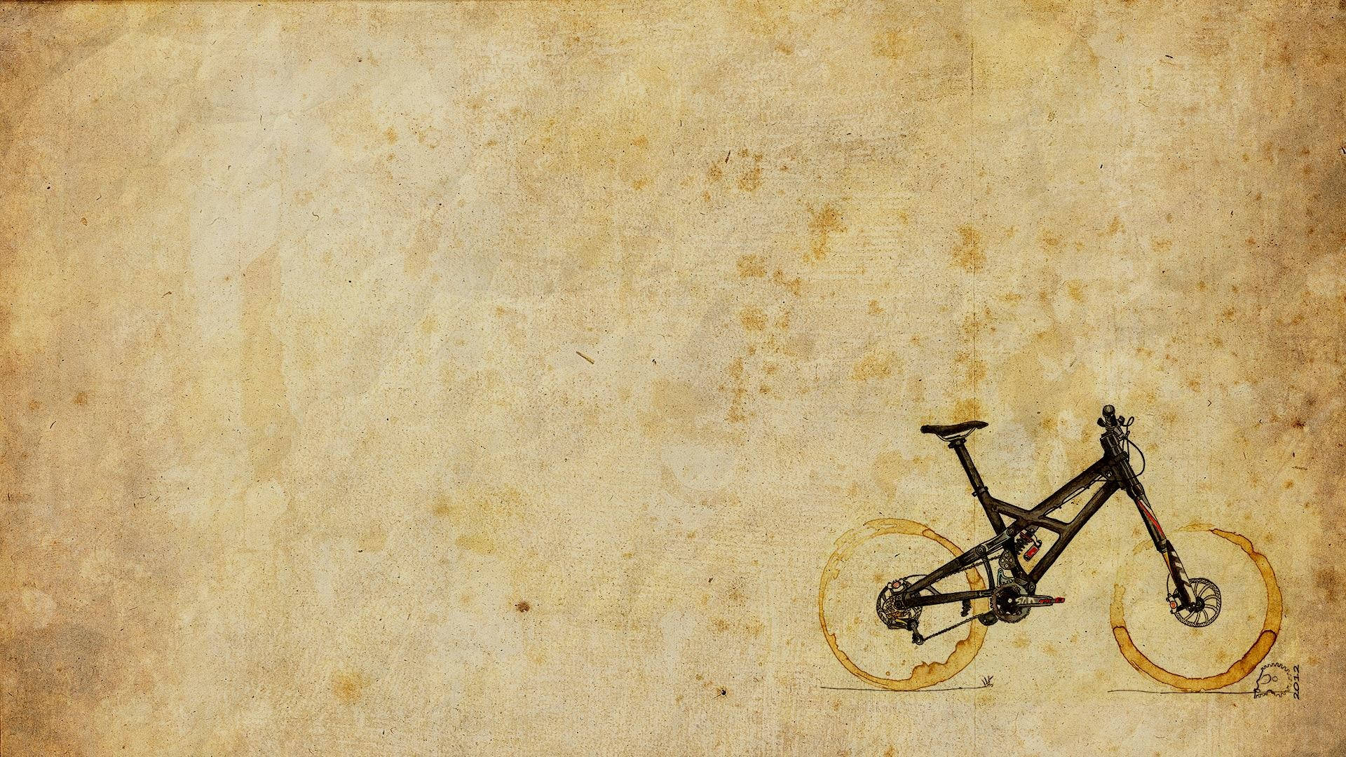 Bicycle 桌布 壁紙 — 一幅復古風格的腳踏車插圖，置於帶有溫暖懷舊色調和細微污漬的舊羊皮紙上。